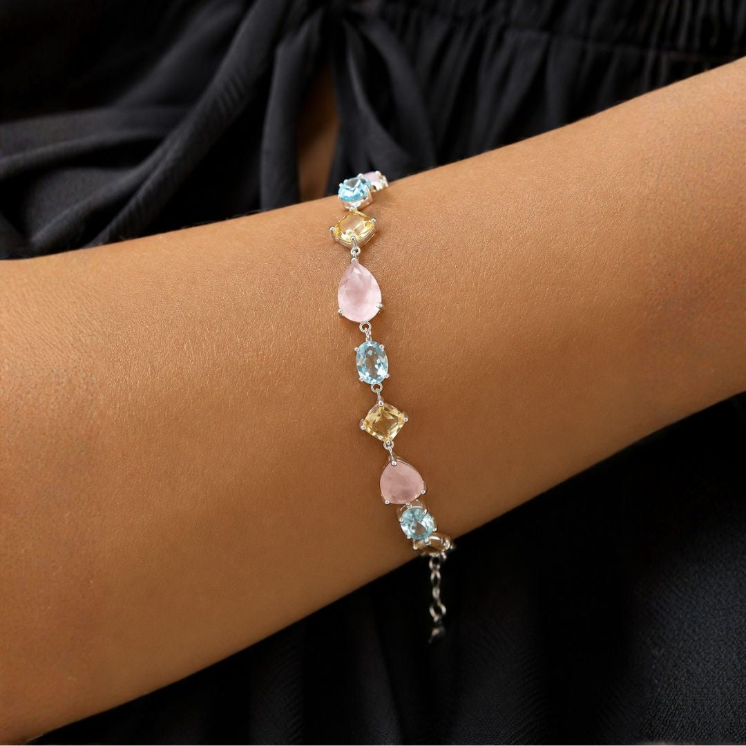 Pulsera de Plata de Ley 925 con Cuarzo Rosa, Topacios Azules y Citrinos – Diseño Multicolor