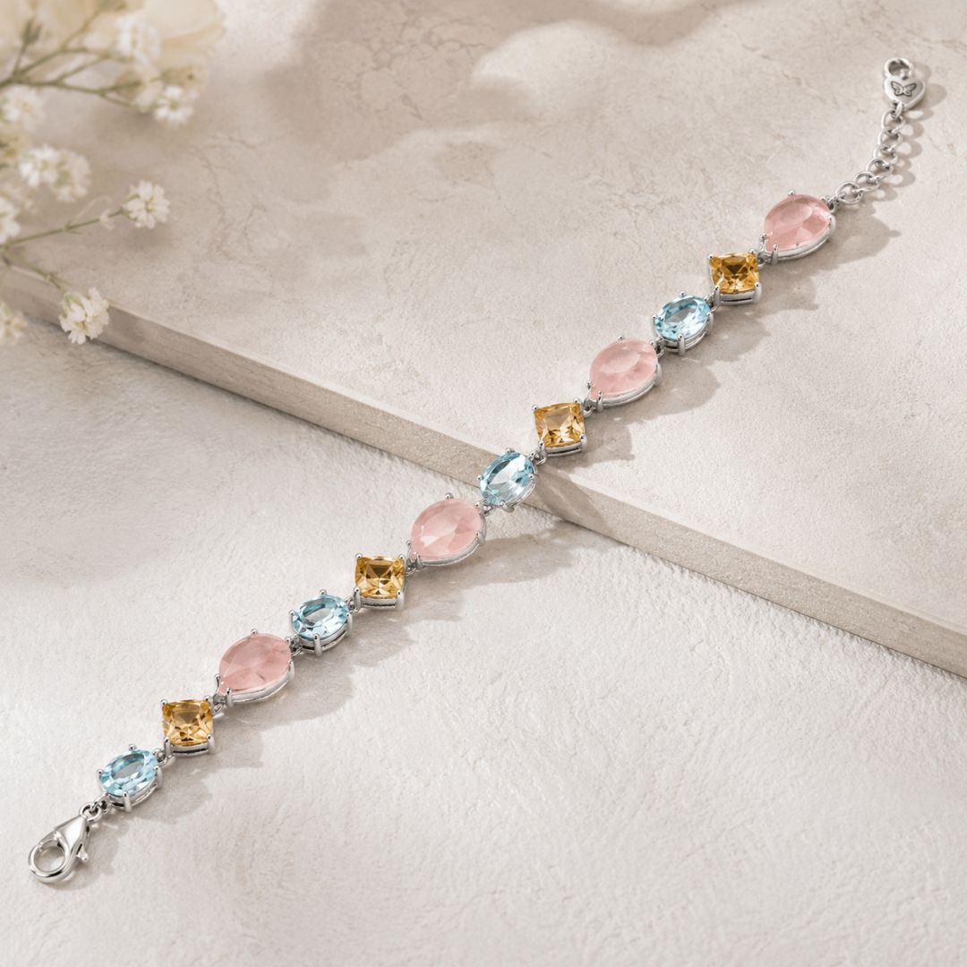Pulsera de Plata de Ley 925 con Cuarzo Rosa, Topacios Azules y Citrinos – Diseño Multicolor