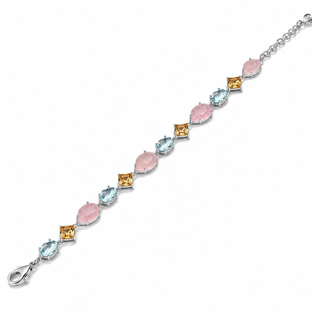 Pulsera de Plata de Ley 925 con Cuarzo Rosa, Topacios Azules y Citrinos – Diseño Multicolor