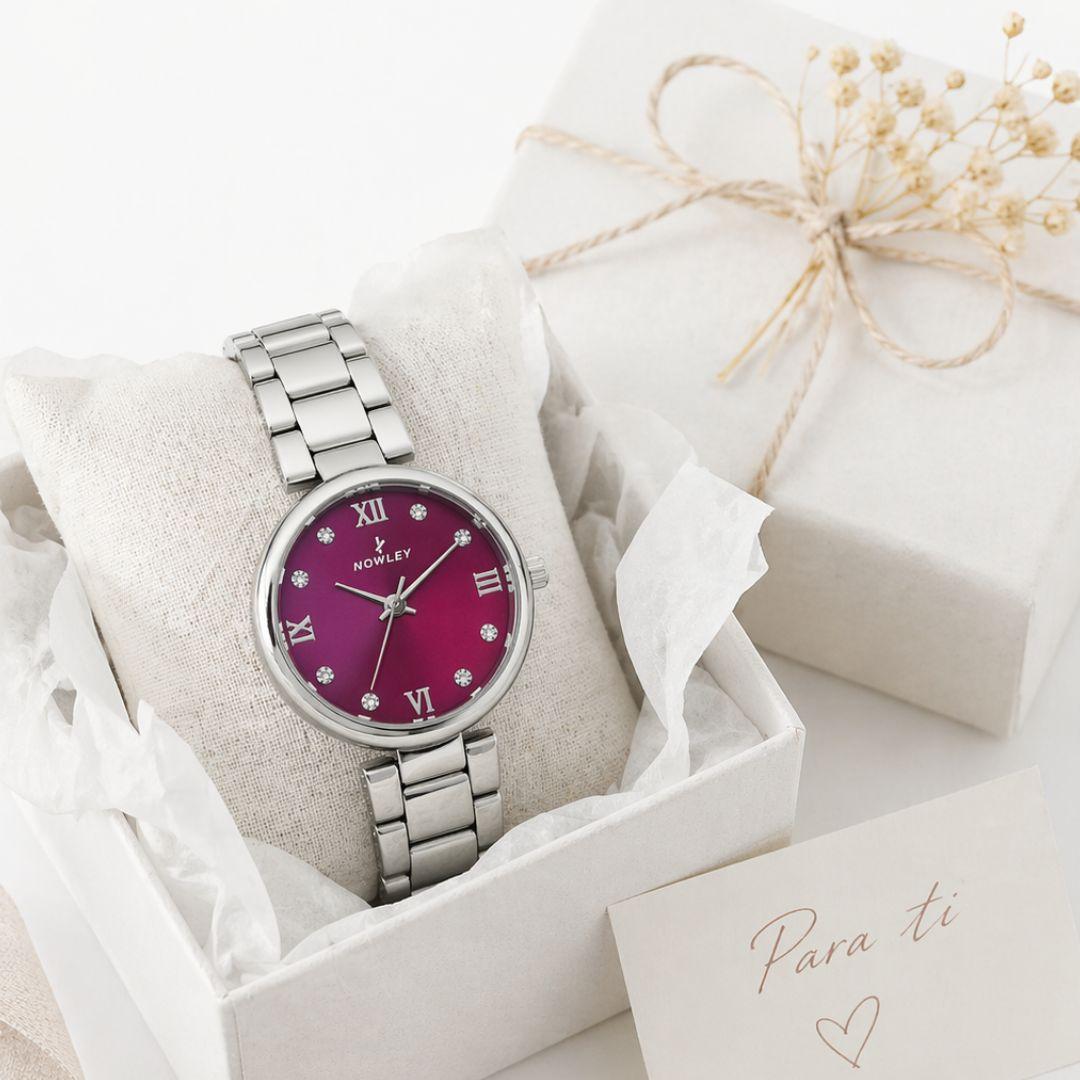 Reloj Nowley Mujer Acero Inoxidable Esfera Burdeos Elegante