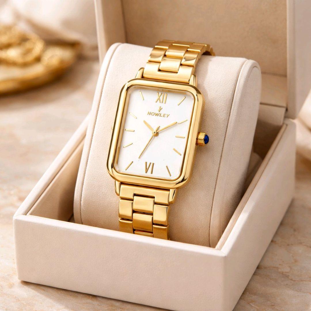 Reloj Nowley Mujer Dorado Rectangular con Esfera Blanca