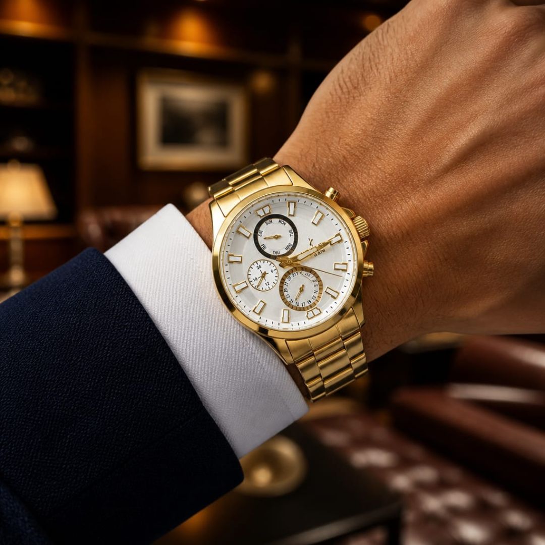 Reloj Multifunción de Acero Dorado con Esfera Plateada