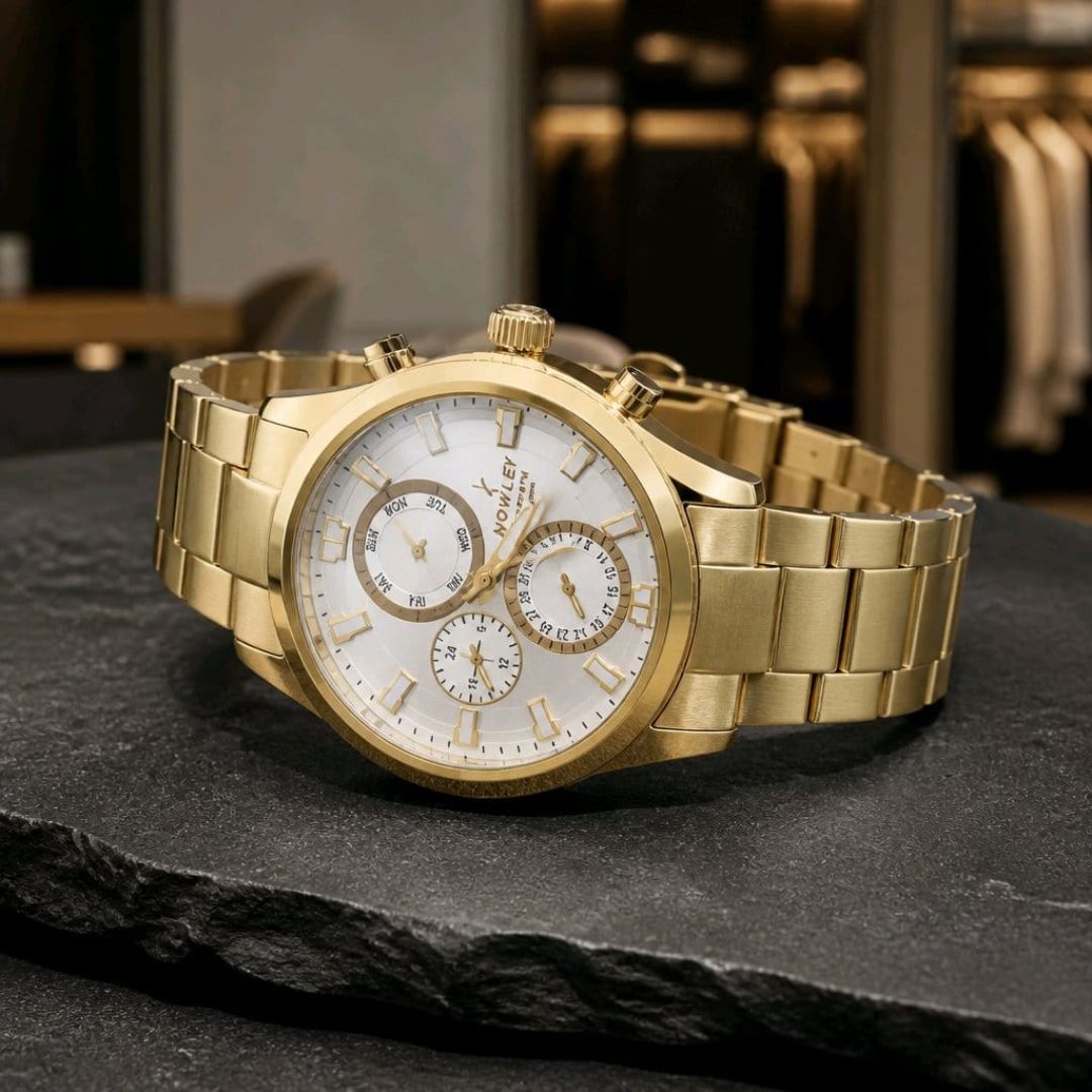 Reloj Multifunción de Acero Dorado con Esfera Plateada