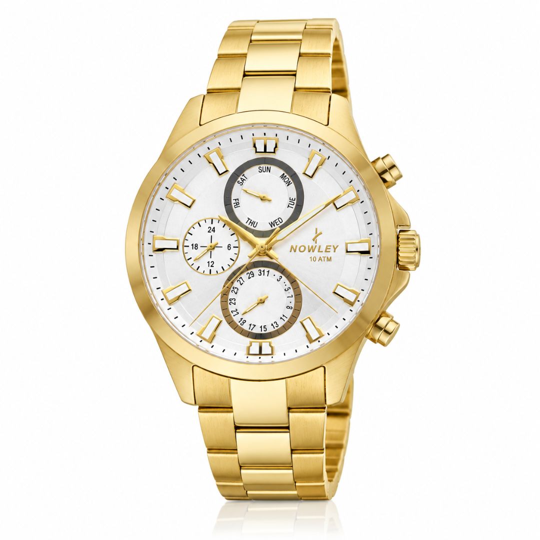 Reloj Multifunción de Acero Dorado con Esfera Plateada