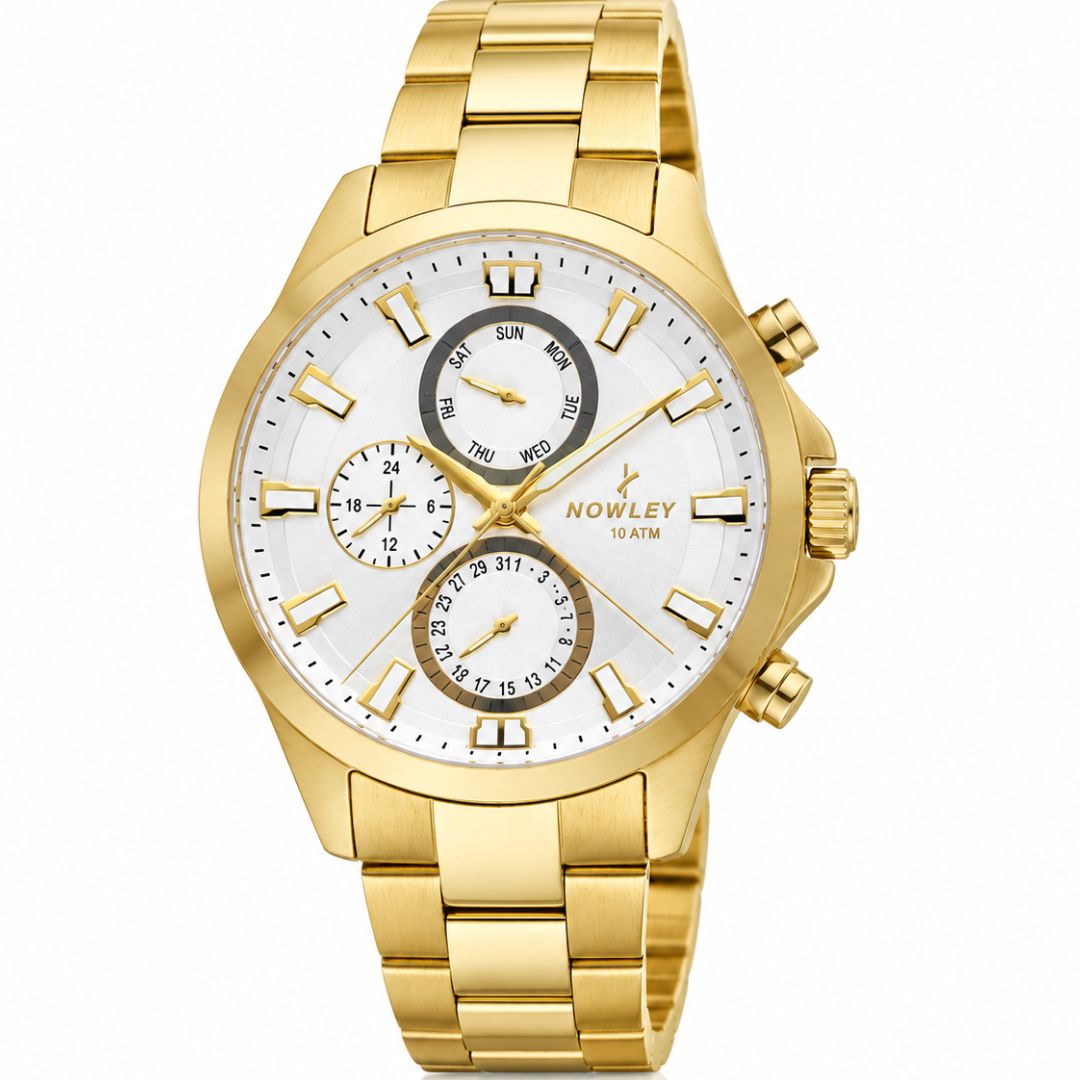 Reloj Nowley Multifunción de Acero Dorado con Esfera Plateada