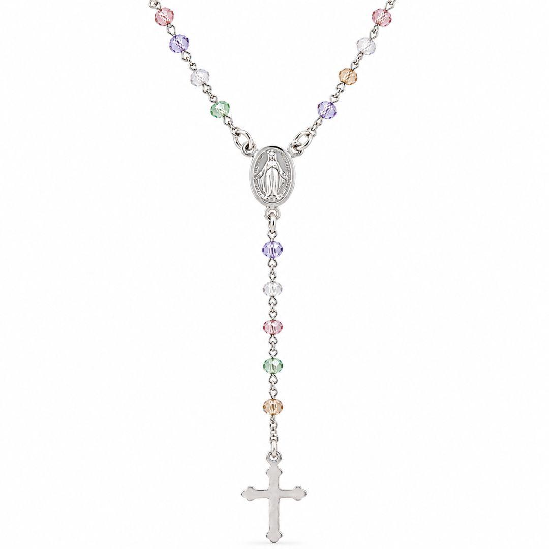 Rosario en Plata de Ley 925 con Virgen Milagrosa, cruz y piedras de colores – Fe, elegancia y estilo delicado