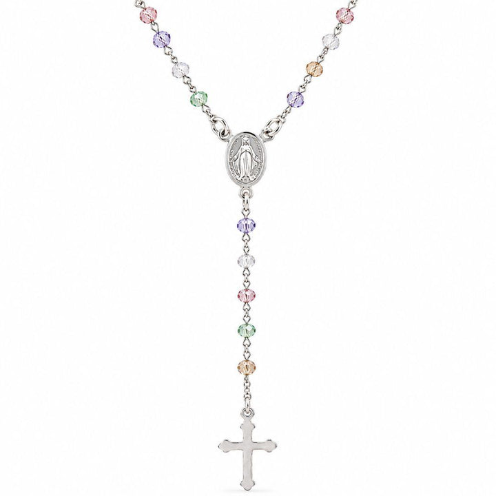 Rosario en Plata de Ley 925 con Virgen Milagrosa, cruz y piedras de colores – Fe, elegancia y estilo delicado
