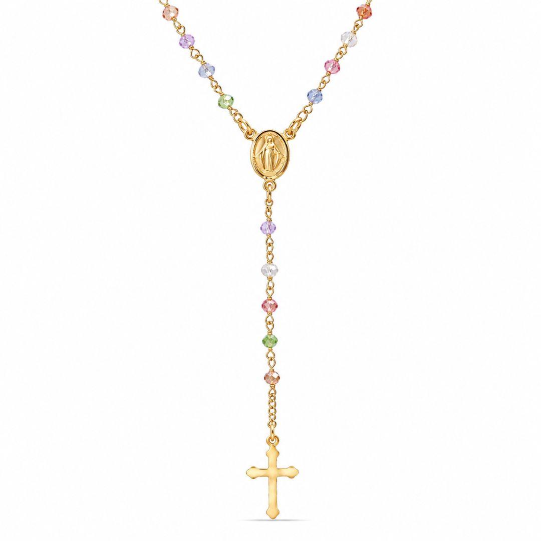 Rosario en plata chapada en oro con Virgen Milagrosa y cruz de colores – Elegancia espiritual con un toque único