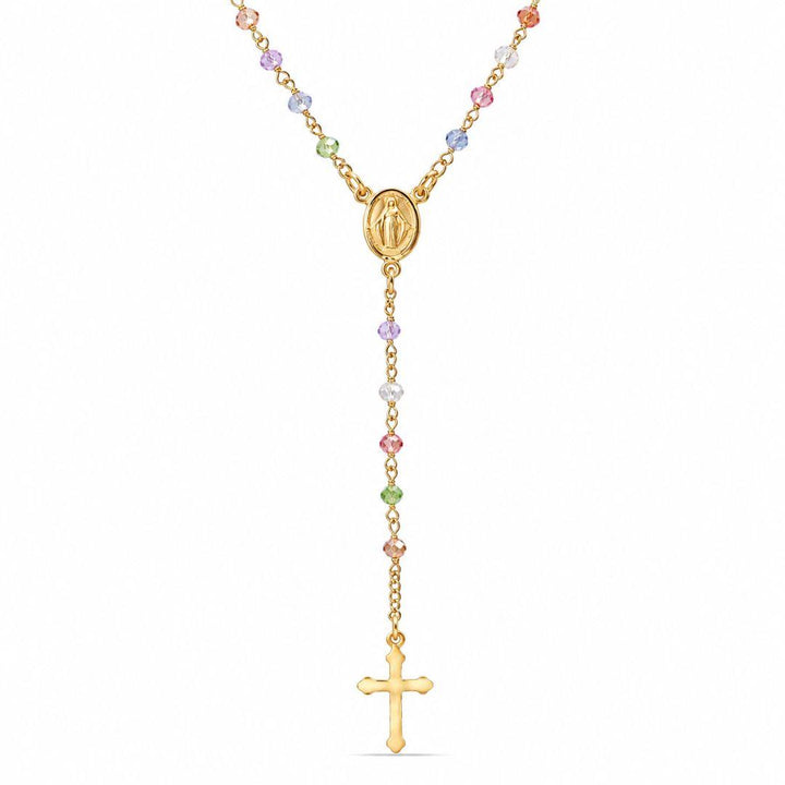 Rosario en plata chapada en oro con Virgen Milagrosa y cruz de colores – Elegancia espiritual con un toque único