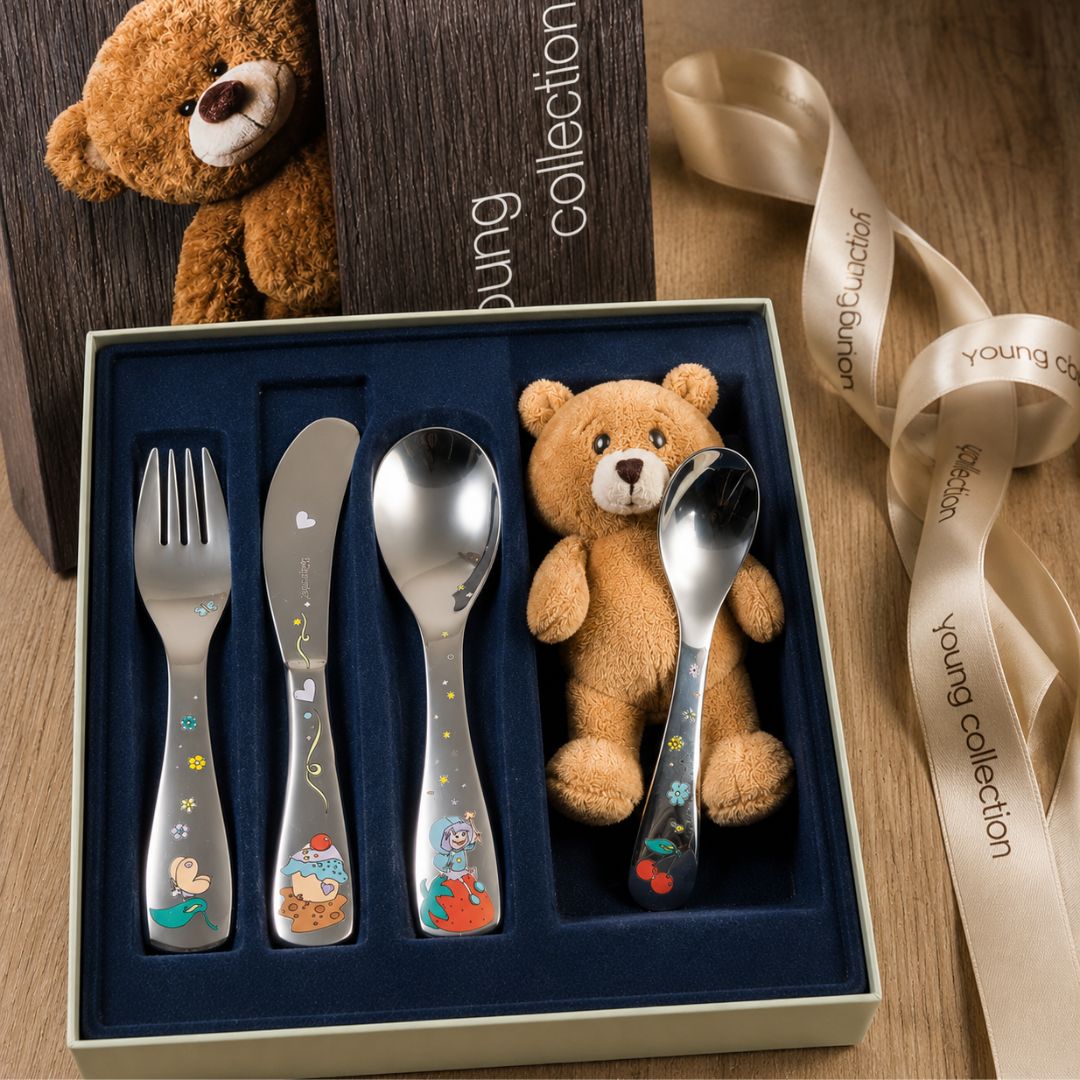 Set de Cubiertos Infantiles Princesa con Osito – Acero Inoxidable 4 Piezas