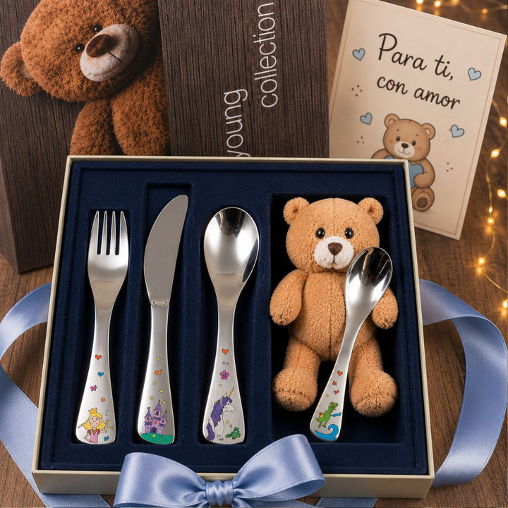 Set de Cubiertos Infantiles Princesa con Osito y Castillo – Acero Inoxidable 4 Piezas