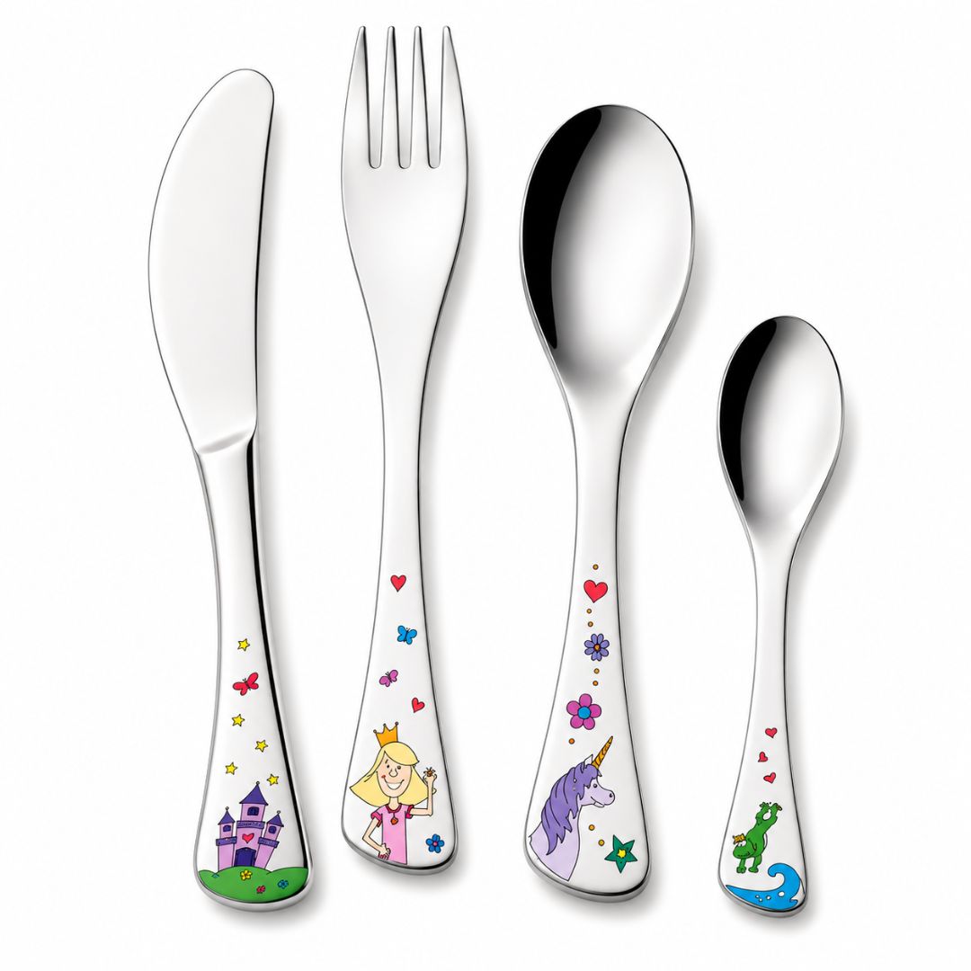 Set de Cubiertos Infantiles Princesa con Osito y Castillo – Acero Inoxidable 4 Piezas
