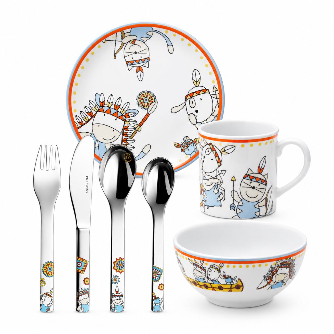 Set de Regalo Infantil Miko Indio · Vajilla y Cubiertos 7 Piezas
