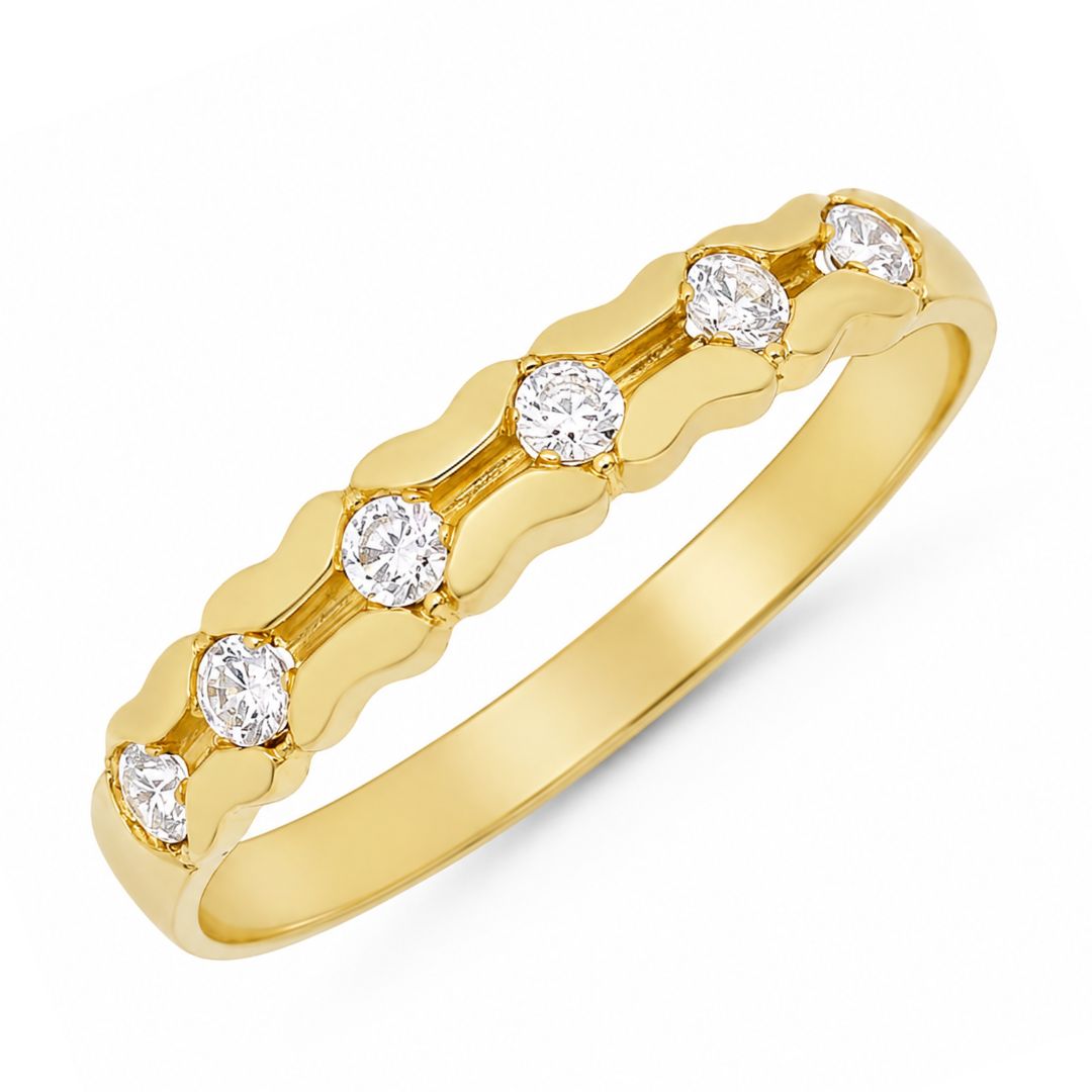 Sortija de Oro 18K Ondulada con Circonitas Blancas