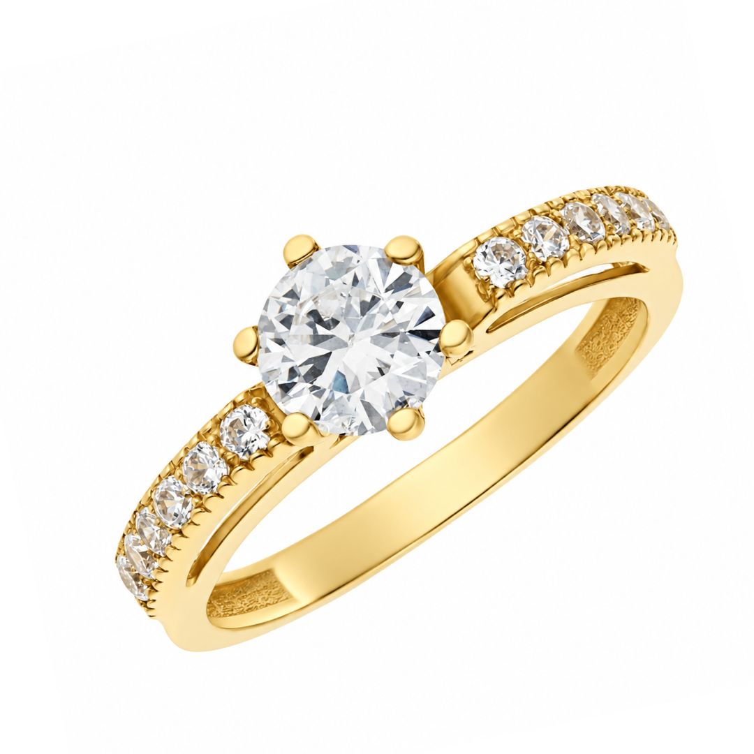 Sortija de oro amarillo 18k con circonitas blancas para mujer de compromiso