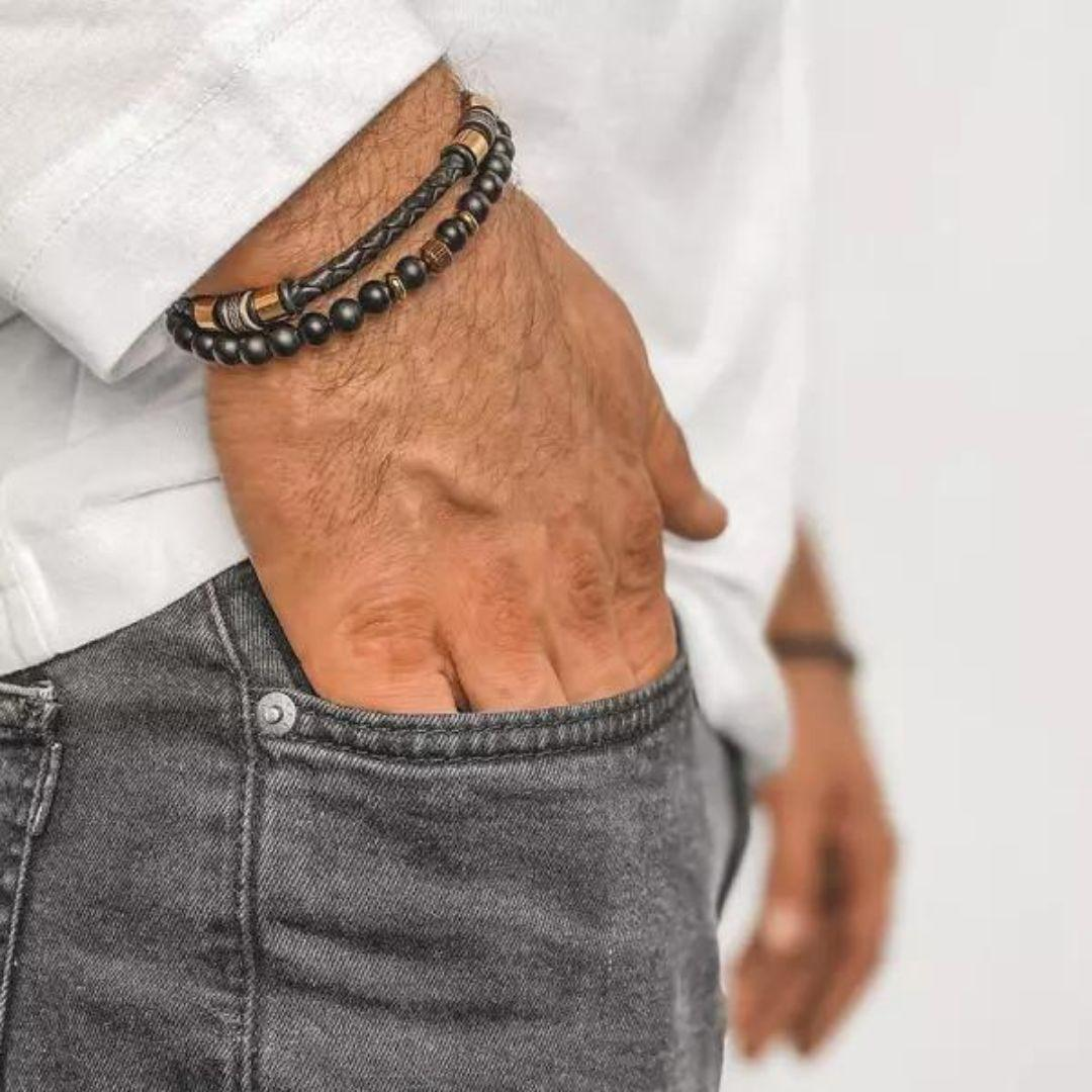 Pulsera de Hombre de Cuero Negro y Acero Bicolor