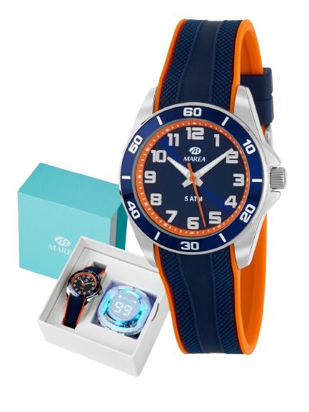 Reloj Marea Juvenil con Brazalete de Caucho Azul y Naranja + Auriculares Bluetooth – Set para Regalo