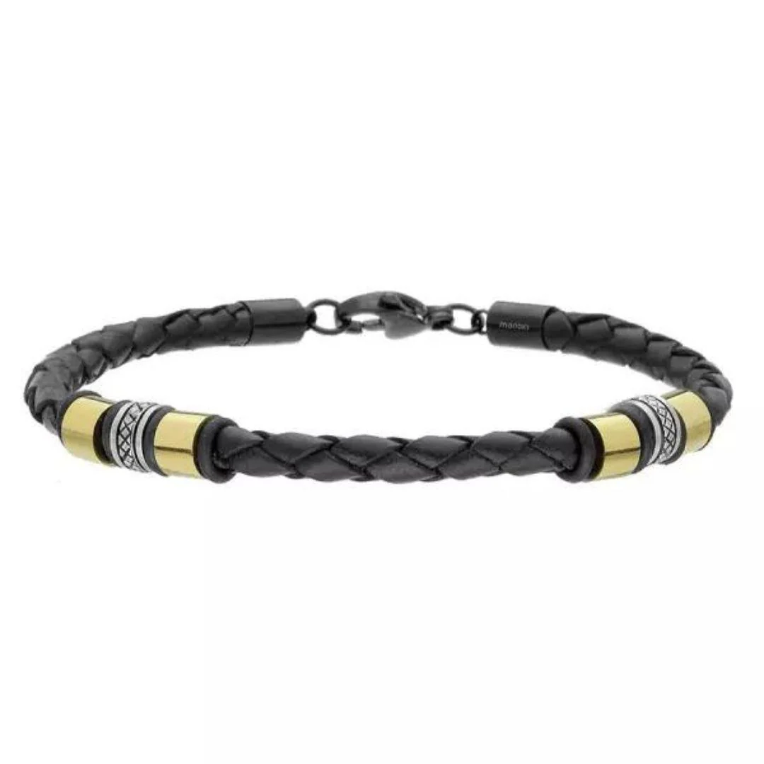 Pulsera de Hombre de Cuero Negro y Acero Bicolor