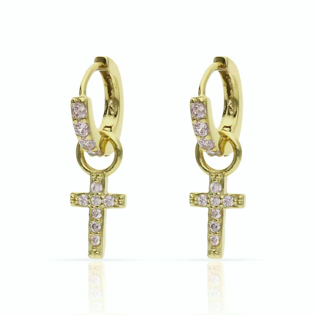 Aros con colgante CRUZ plata bañada en oro