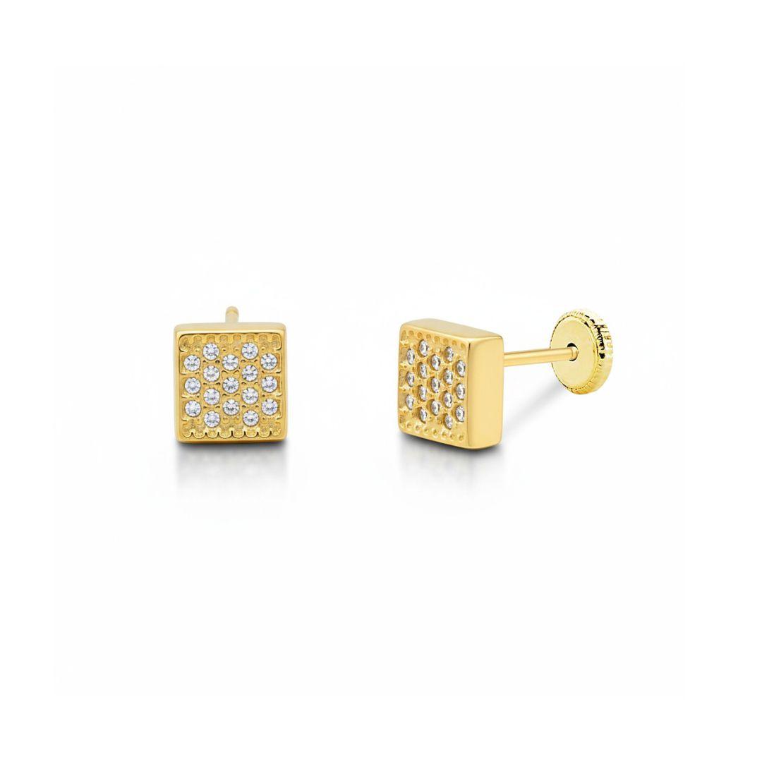 Pendientes Cuadrados Oro 18K con Circonitas 7x7 mm – Cierre de Rosca