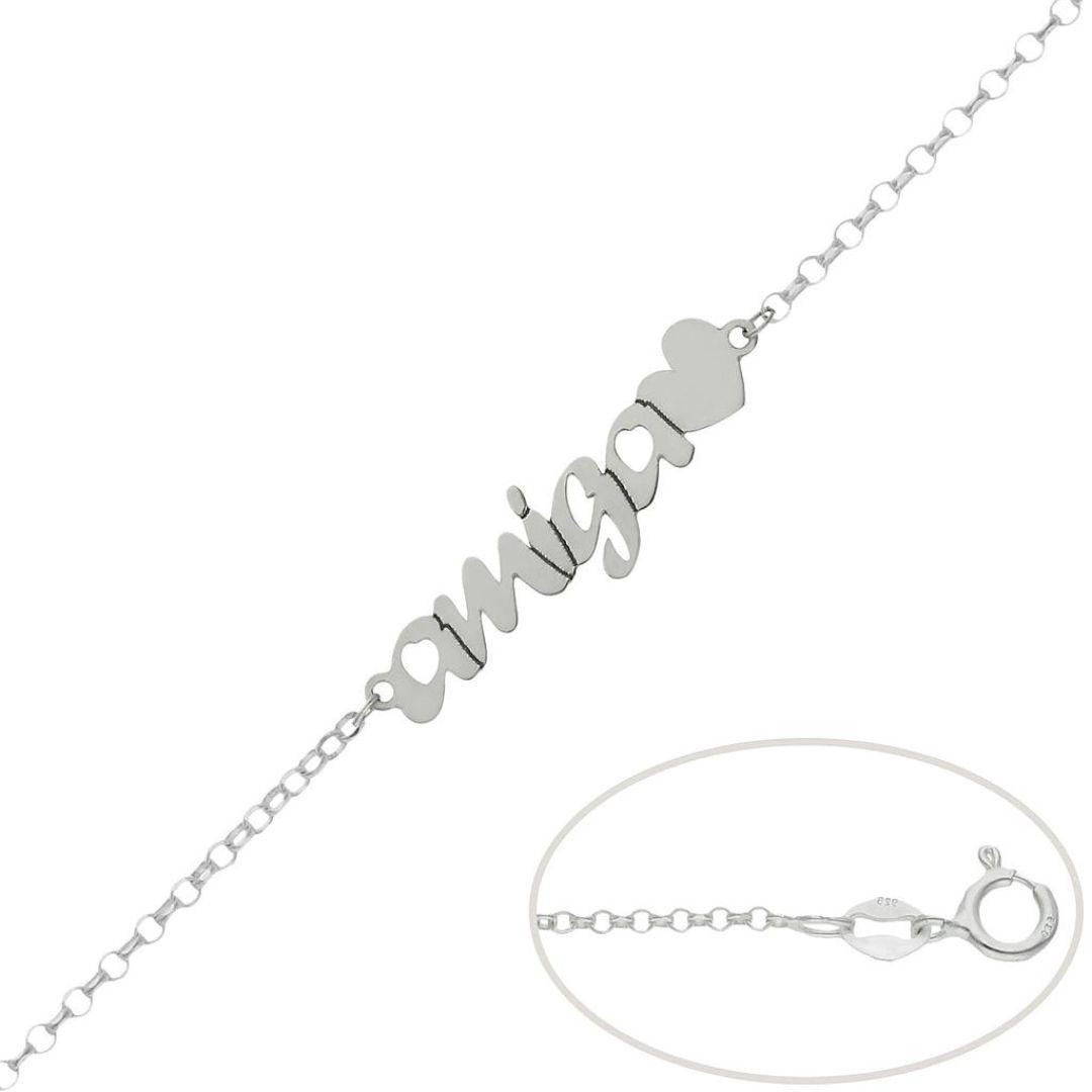 Pulsera personalizada de plata nombre y corazón AMIGA